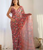 Red ethnic motifs mirror work pure chiffon ikat saree