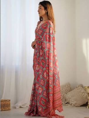 Red ethnic motifs mirror work pure chiffon ikat saree 2