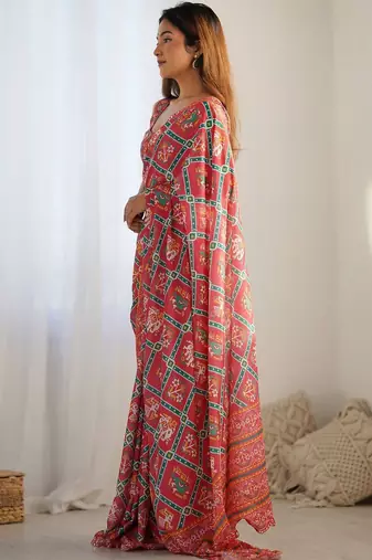 Red ethnic motifs mirror work pure chiffon ikat saree