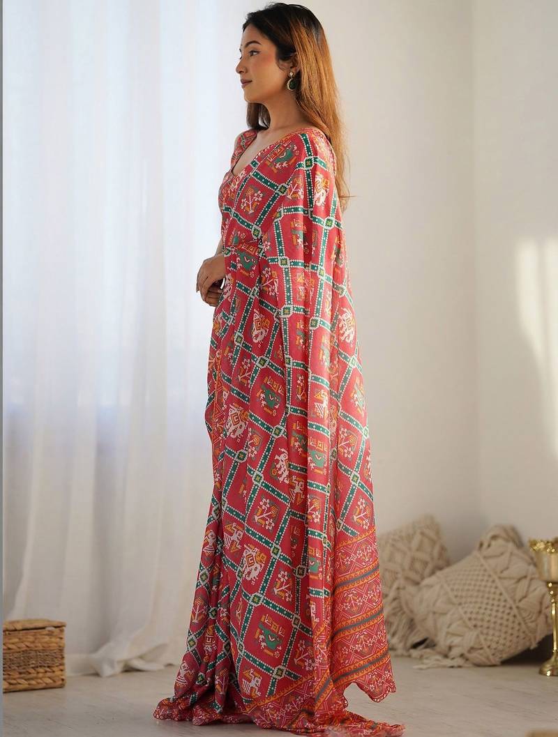 Red ethnic motifs mirror work pure chiffon ikat saree