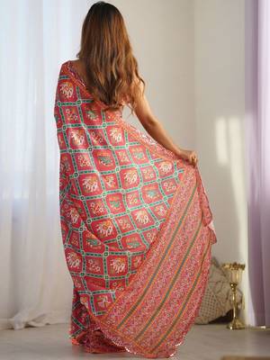 Red ethnic motifs mirror work pure chiffon ikat saree 3