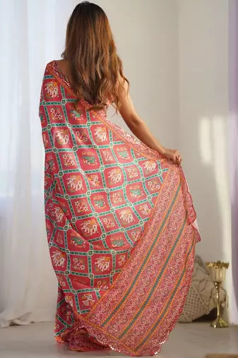 Red ethnic motifs mirror work pure chiffon ikat saree