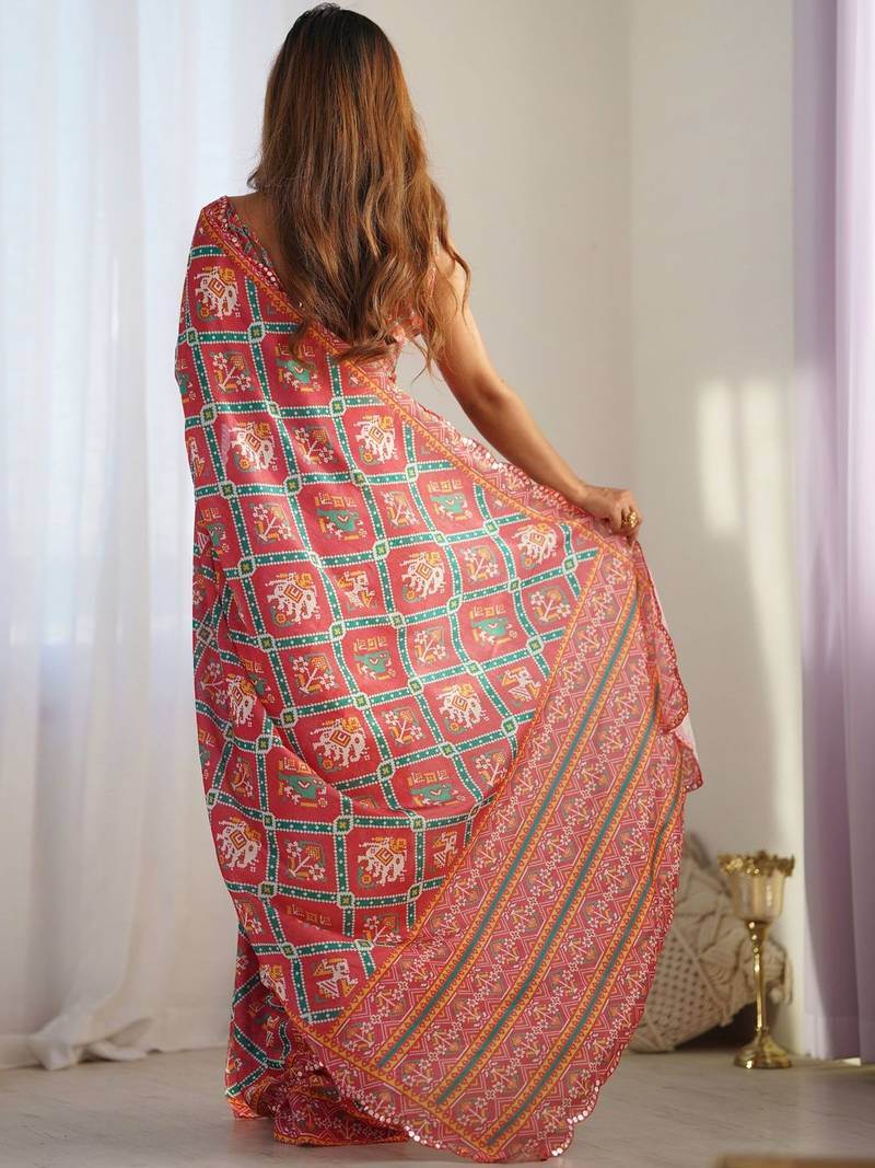 Red ethnic motifs mirror work pure chiffon ikat saree