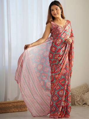 Red ethnic motifs mirror work pure chiffon ikat saree 4