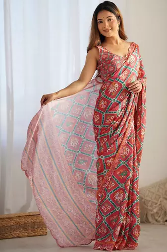 Red ethnic motifs mirror work pure chiffon ikat saree