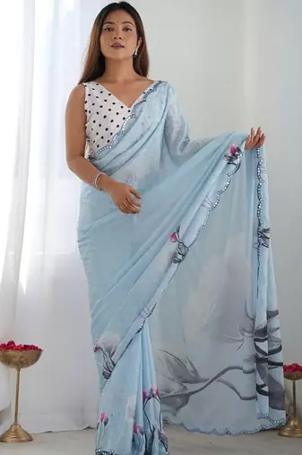 Blue floral sequinned pure chiffon saree