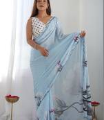 Blue floral sequinned pure chiffon saree