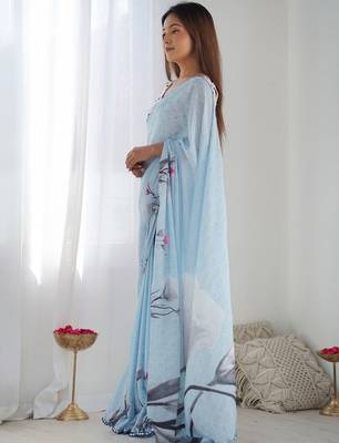 Blue floral sequinned pure chiffon saree 2