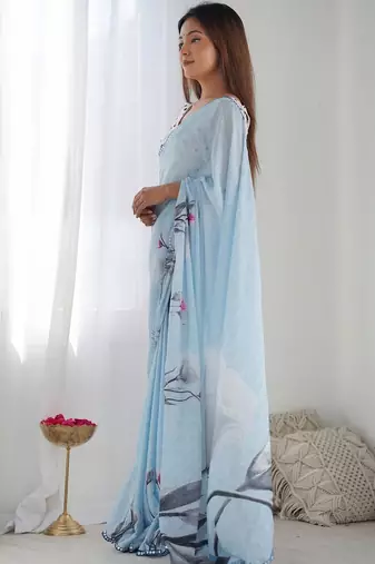 Blue floral sequinned pure chiffon saree