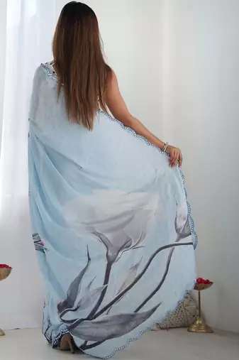 Blue floral sequinned pure chiffon saree