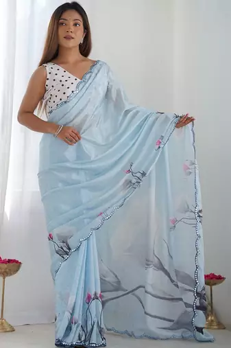 Blue floral sequinned pure chiffon saree