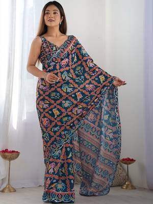Teal ethnic motifs mirror work pure chiffon ikat saree 1