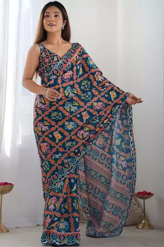 Teal ethnic motifs mirror work pure chiffon ikat saree
