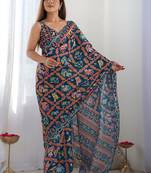 Teal ethnic motifs mirror work pure chiffon ikat saree
