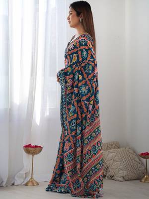 Teal ethnic motifs mirror work pure chiffon ikat saree 2
