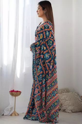 Teal ethnic motifs mirror work pure chiffon ikat saree