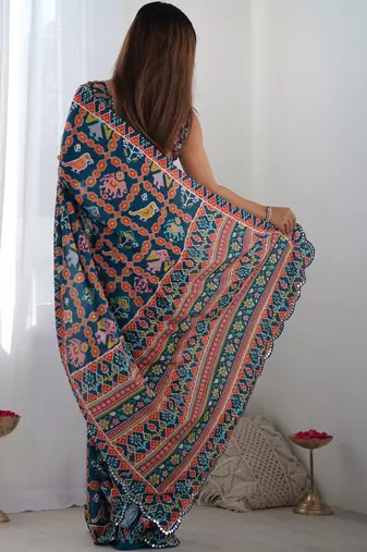 Teal ethnic motifs mirror work pure chiffon ikat saree