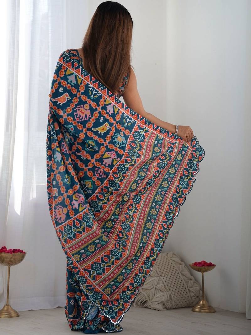 Teal ethnic motifs mirror work pure chiffon ikat saree