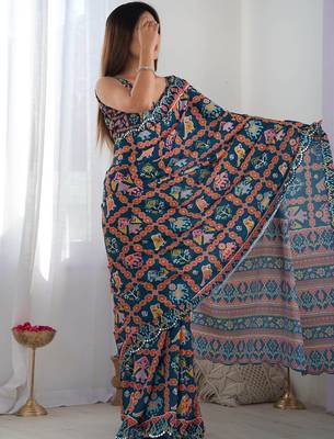 Teal ethnic motifs mirror work pure chiffon ikat saree 4