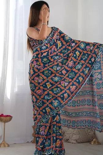 Teal ethnic motifs mirror work pure chiffon ikat saree