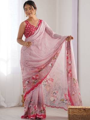 Pink floral sequinned pure chiffon saree 1