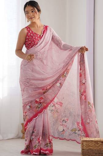 Pink floral sequinned pure chiffon saree