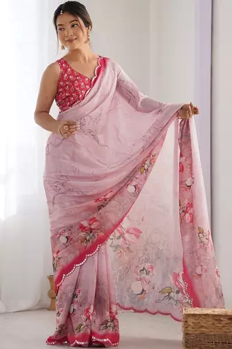 Pink floral sequinned pure chiffon saree