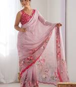 Pink floral sequinned pure chiffon saree