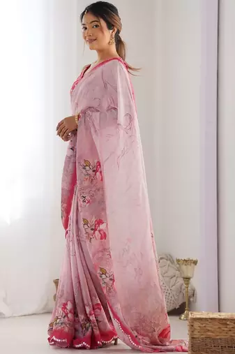 Pink floral sequinned pure chiffon saree
