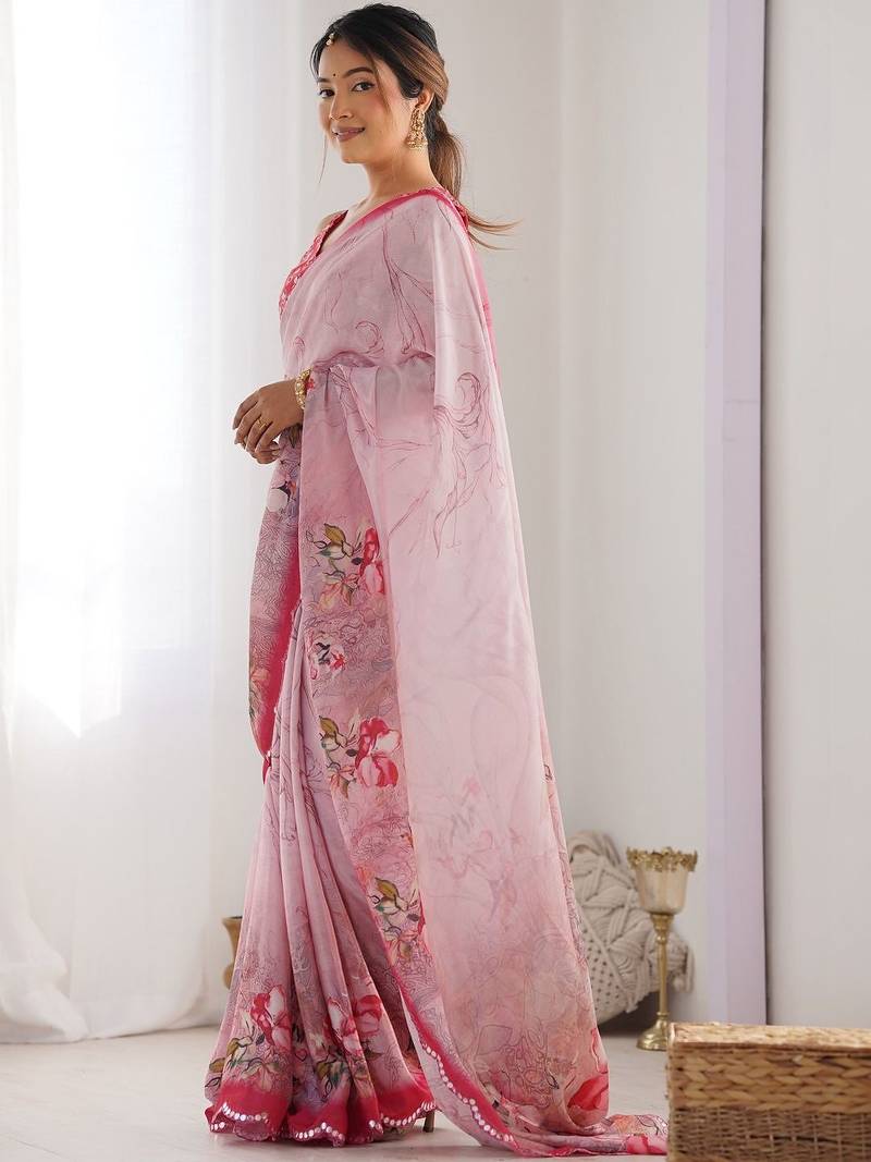 Pink floral sequinned pure chiffon saree