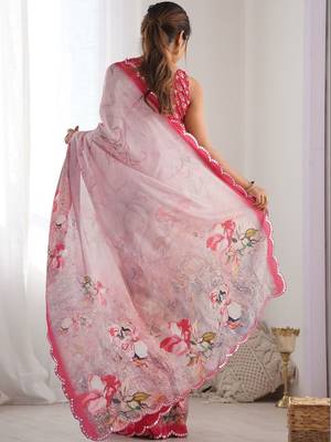 Pink floral sequinned pure chiffon saree 3