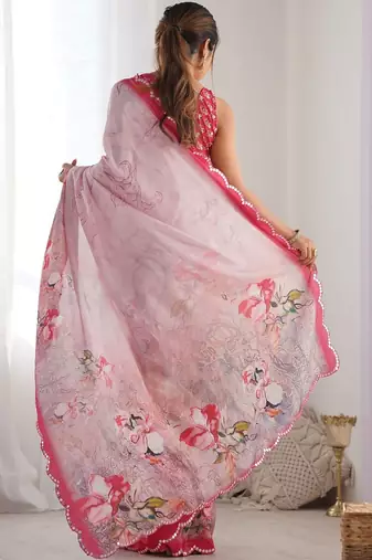 Pink floral sequinned pure chiffon saree