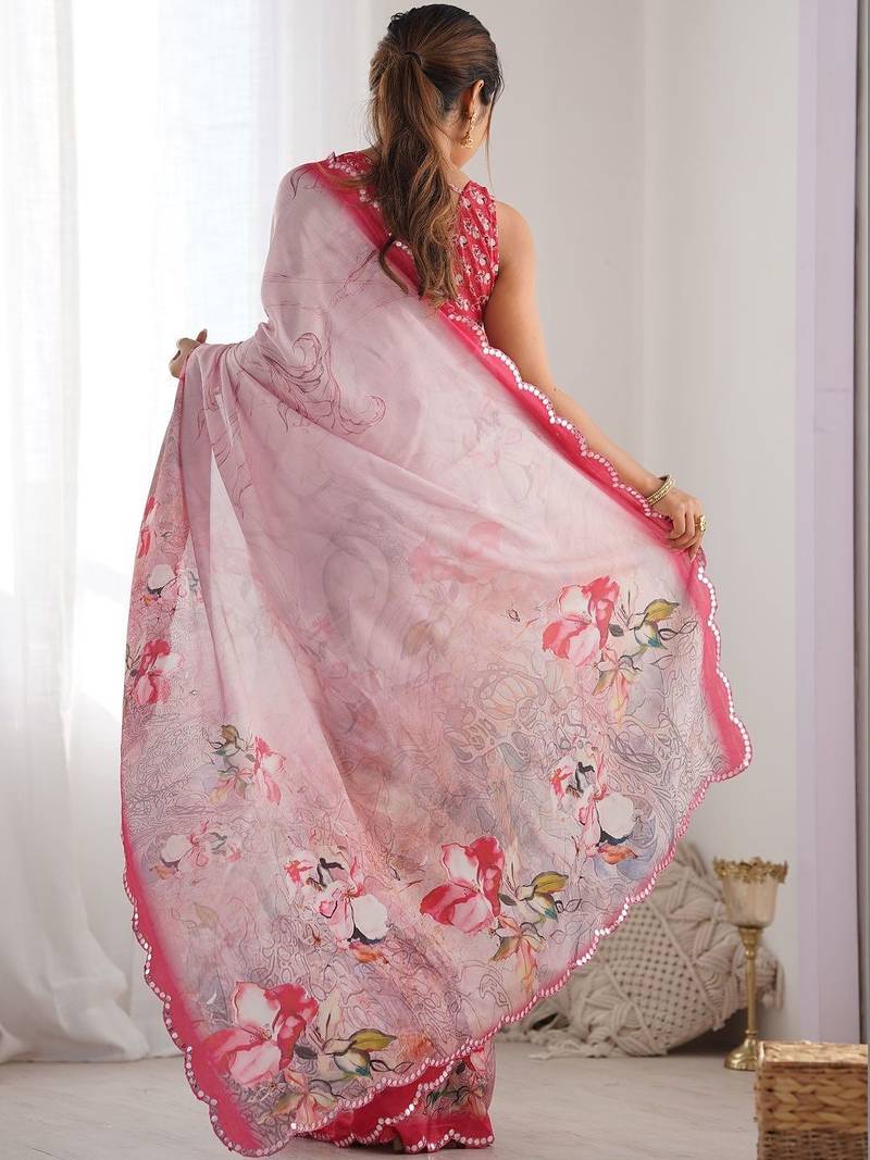 Pink floral sequinned pure chiffon saree