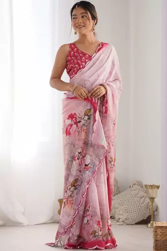 Pink floral sequinned pure chiffon saree