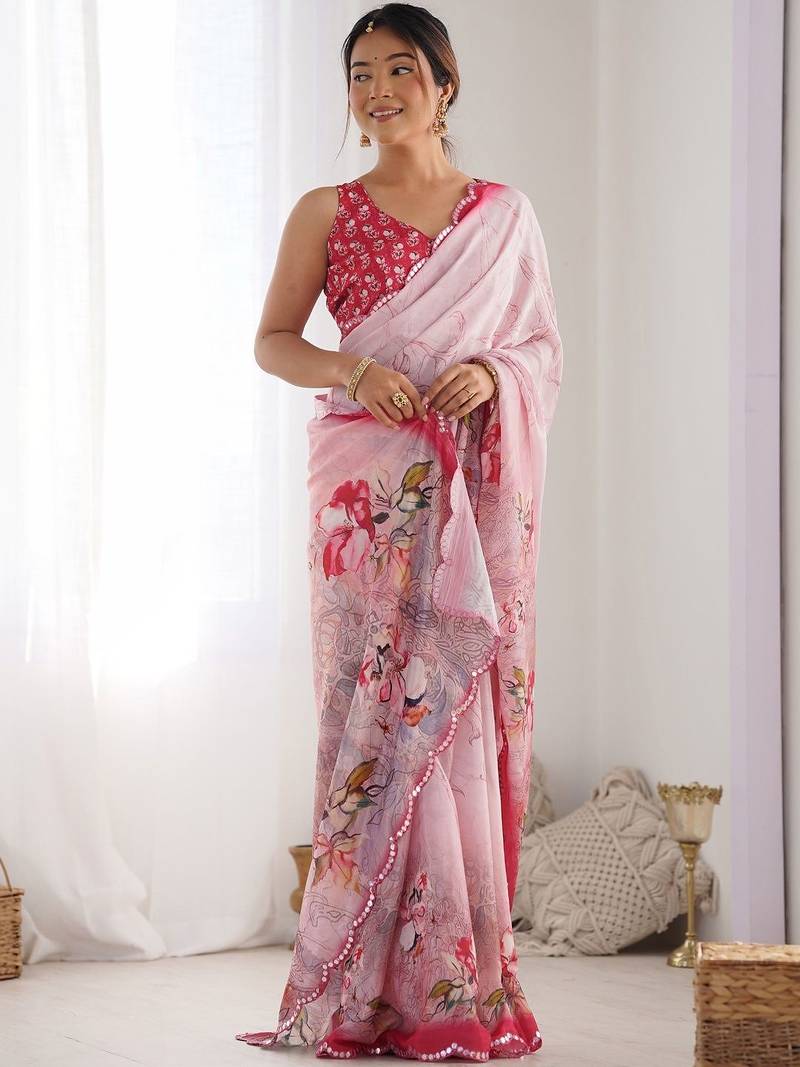 Pink floral sequinned pure chiffon saree