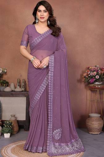 Purple embellished embroidered poly georgette heavy work saree