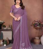 Purple embellished embroidered poly georgette heavy work saree