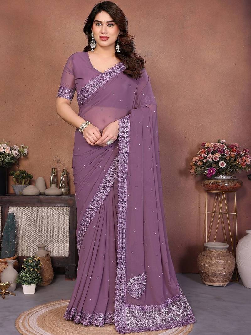 Purple embellished embroidered poly georgette heavy work saree