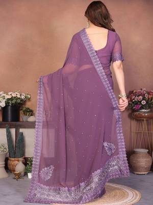 Purple embellished embroidered poly georgette heavy work saree 2
