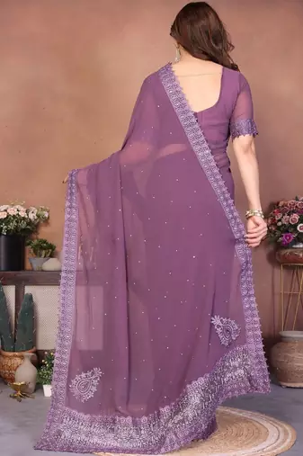 Purple embellished embroidered poly georgette heavy work saree