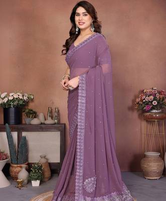 Purple embellished embroidered poly georgette heavy work saree 3
