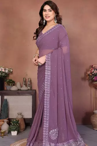 Purple embellished embroidered poly georgette heavy work saree