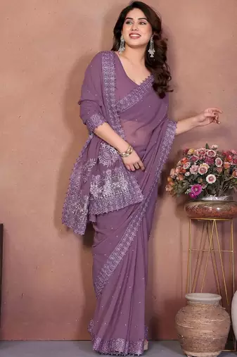 Purple embellished embroidered poly georgette heavy work saree
