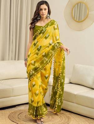 Yellow floral pure cotton ready to wear block printed saree 1