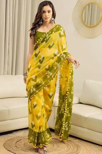 Yellow floral pure cotton ready to wear block printed saree