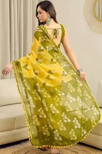 Yellow floral pure cotton ready to wear block printed saree