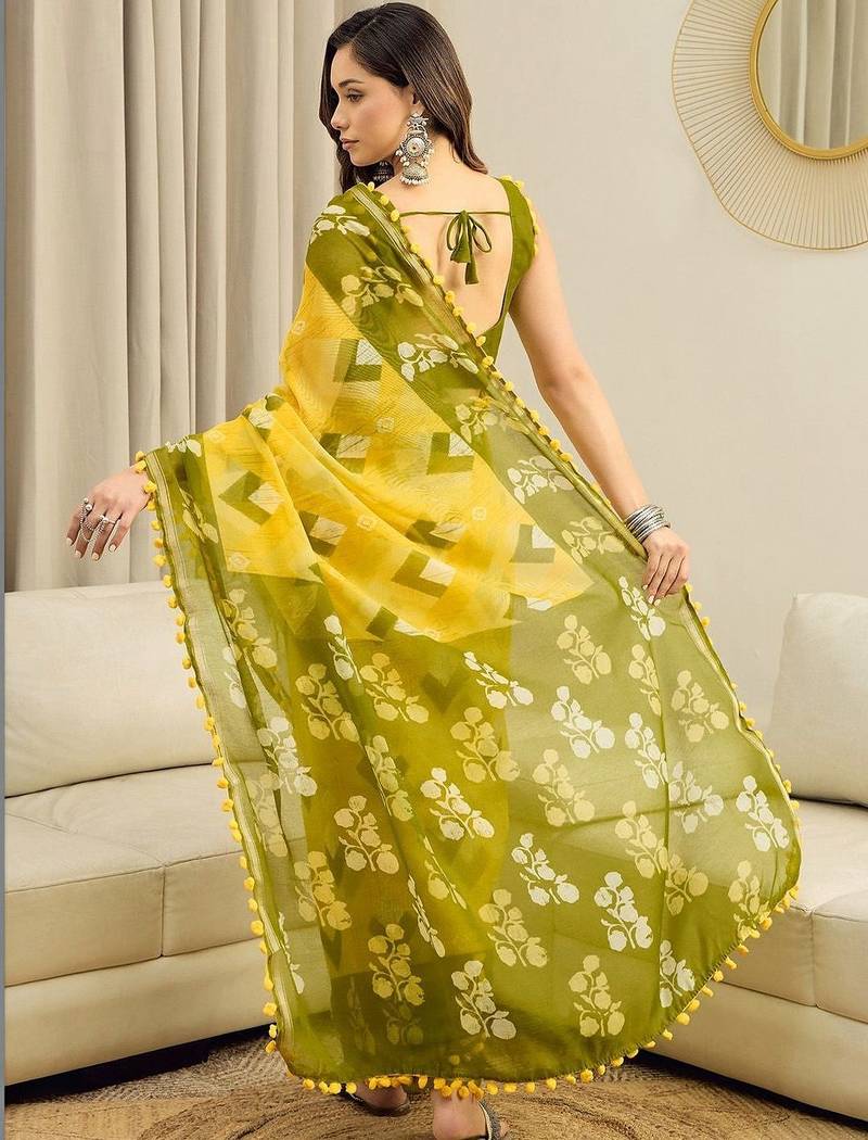 Yellow floral pure cotton ready to wear block printed saree