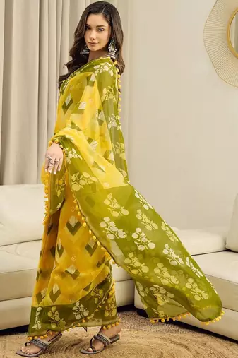 Yellow floral pure cotton ready to wear block printed saree