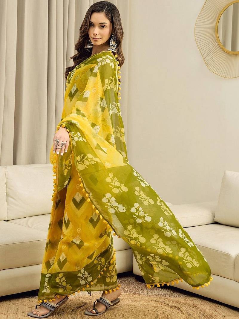 Yellow floral pure cotton ready to wear block printed saree