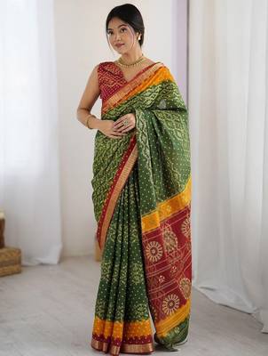 Green bandhani zari pure cotton bandhani saree 1